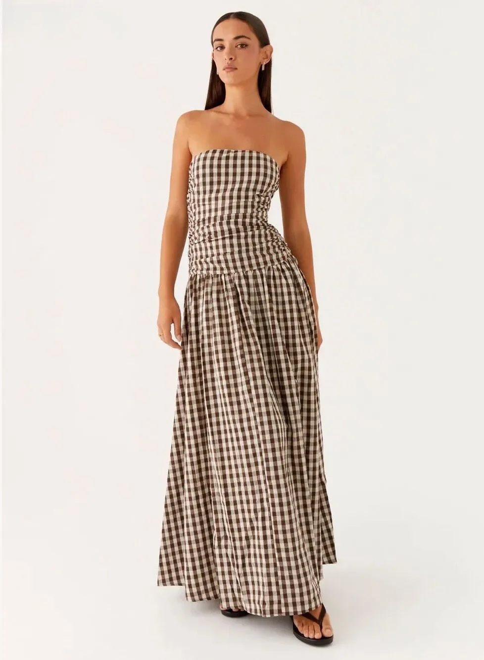 Peppermayo Carmel Strapless Maxi Dress in Brown Gingham Size 4